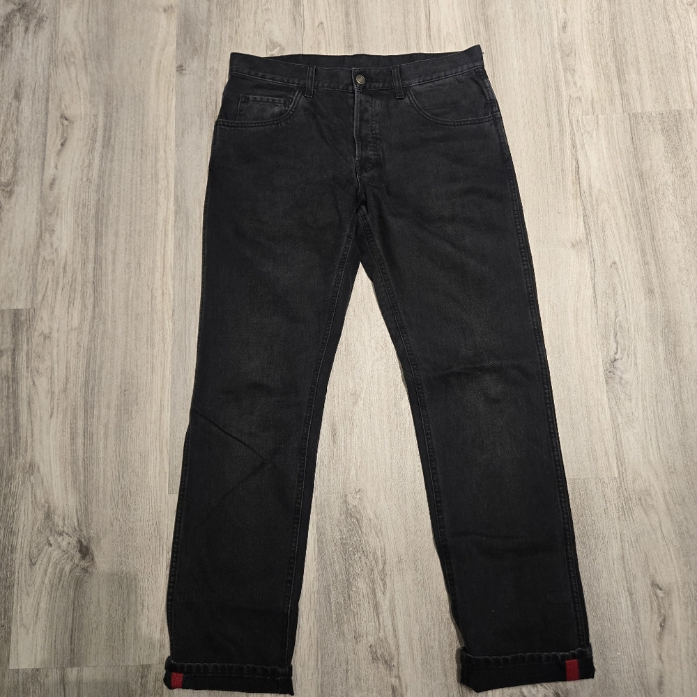 Gucci Men's Dark Denim Jeans with Red Accents